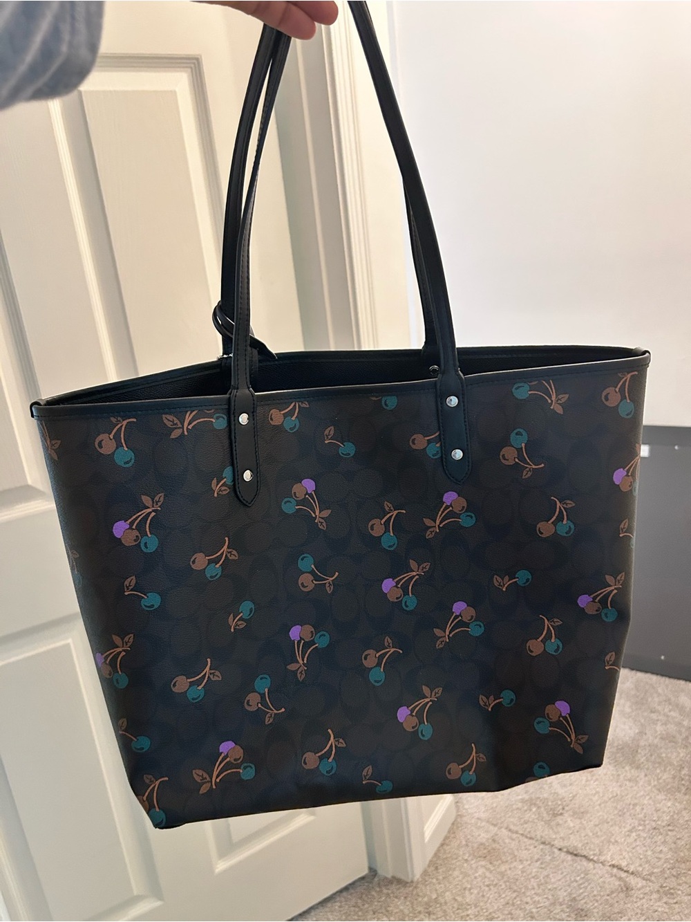 Coach Black Tote with Teal, Purple and Brown Cherry Print - Picture 1 of 11